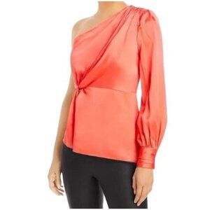 Cinq A Sept Neon Coral One Shoulder Silk Top Size M